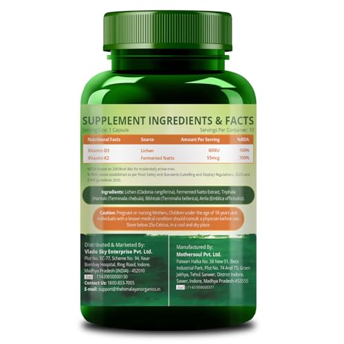 Image of Vlado's Himalayan Organics Plant Based 600iU Supplement | Vitamin D3(Lichen) + K2(Menaquinone Mk7) - 10 Veg Capsule