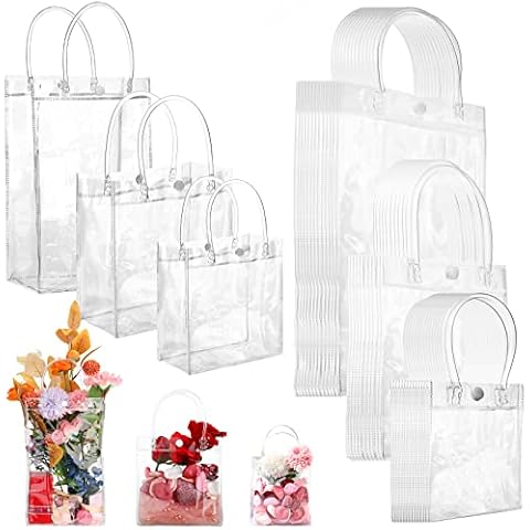Saintrygo 120 Pieces Clear PVC Gift Bags with Handles Plastic Transparent Shopping Tote Reusable Party Favor Wrap for Boutique Wedding Birthday Baby Shower Valentine Retail Business, Assorted Sizes Cover
