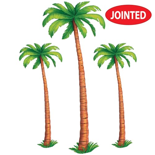 Beistle Jointed Palm Trees - 3 Pack, Cardstock Paper Palm Tree Cutouts, Hanging Wall Decorations for Luau, Tropical Hawaiian Beach Party, Summer Event Décor, Photo Backdrop, Two 4’ & One 6’