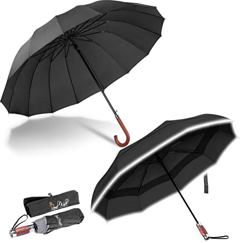 Royal Walk Large Umbrella For Rain Big Enough For 2 Persons + Windproof Folding Travel Umbrella With Vented Canopy, Genuine Wood Handle, Automatic Open Close, Reflective Strip For Safety In The Dark #TOP14