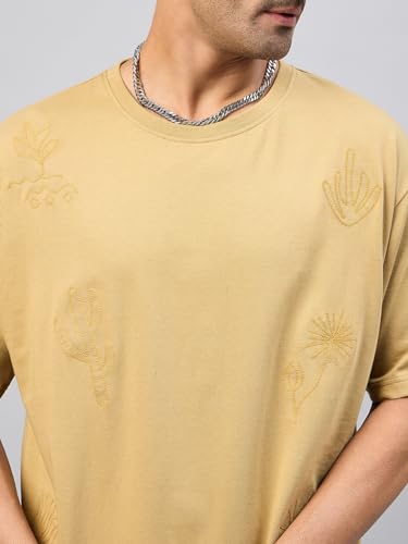 Image of Club York Men Beige Half Sleeve Embroidery Round Neck T-Shirt
