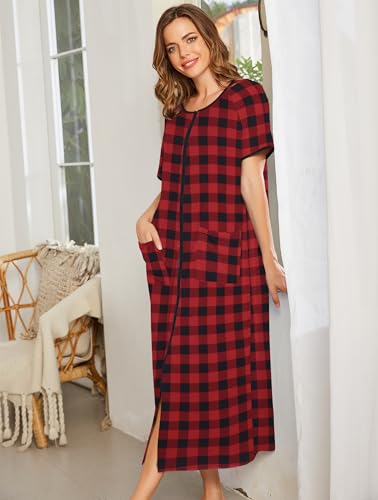 Image of Ekouaer Women Robe Zipper Short Sleeves Full Length House Coat with Pockets