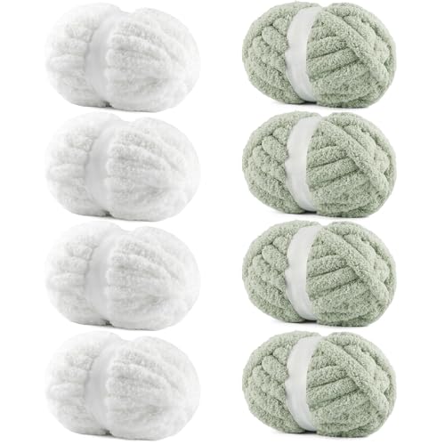 Image of 8 Pack Chunky Chenille Yarn #10 for Hand Knitting - Super Bulky Chunky Knit Blanket Yarns, Jumbo Big Thick Chunky Yarns for Crocheting (8, Pure White & Avocado Green)