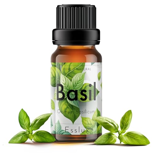 Image of Esslux Basil Essential Oil for Diffusers - 100% Pure & Natural Basil Oil for Skin Care, Aromatherapy, Massage, and Candle Making - Fresh, Herbaceous Scent for DIY, Fragrance, and Relaxation, 10ML