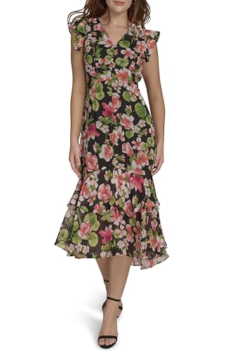 Image of Tommy Hilfiger Women's Flutter Sleeve V-Neck Ruffle Trim Hi-Lo Midi Dress
