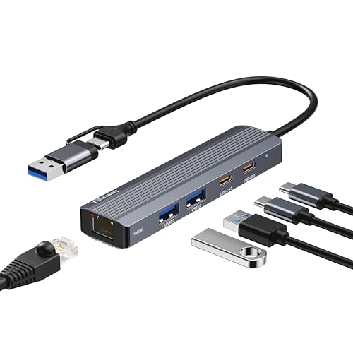 USB Hub with Ethernet, USB C to Ethernet Adapter with 2X USB 3.0, USB C 3.0, Gigabit Rj45 Port, Plug and Play, Multiport Network Adapter for Laptop MacBook iPad XPS Windows