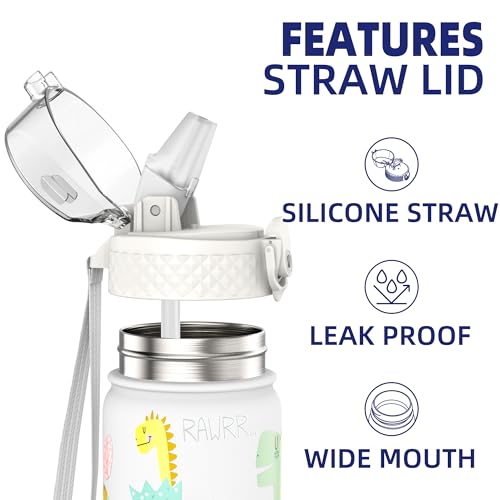 GOPPUS 420ml/14oz Kids Insulated Water Bottle with Straw Cute Double Wall Stainless Steel Child's Small Flask Vacuum Insulated Steel Metal Leak Proof Drink Flask Boys Toddler Girls Bottles BPA-Free - Image 2