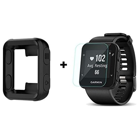 for Garmin Forerunner 35 Case, Giaogor Silicone Case with Screen Protector (2 Pack) for Garmin Forerunner 35 Watch (1*Black case+2*glass film) Cover
