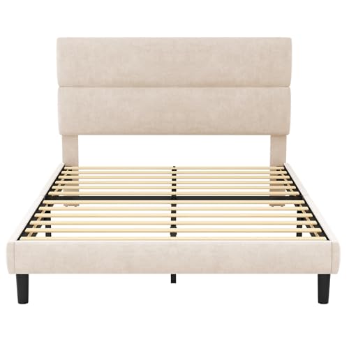GRUSIGN Queen Size Platform Bed Frame with Velvet Headboard, Adjustable Height Wooden Slats Support, Upholstered Mattress Foundation, Fits Mattress or Mattress with Box Spring, Easy Assembly, Beige