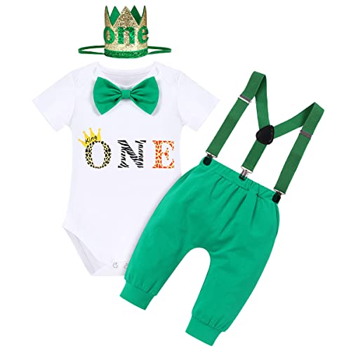 Traje de primer cumpleaños para niños, temática de safari de animales de la selva, mono de un moño salvaje, pantalones largos, tirantes, corona, diadema, juego de 4 piezas, traje de sesión de fotos