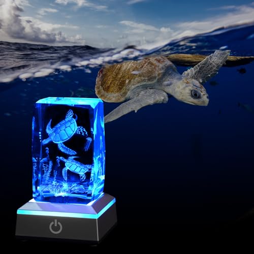 Image of 3D Crystal Night Light with Multicolor LED Base Glass Laser Engraved Sea Turtle Figurines Lamp Gifts for Boys Girls Lovers Birthday Christmas Room Decor