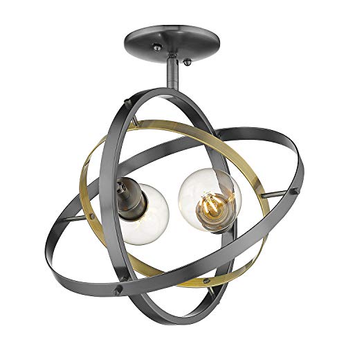 Golden Lighting 7936-SF AB-BS Atom Semi-Flush - Damp, Brushed Steel with Aged Brass Ring