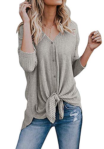 Chvity Women's V Neck Long Sleeve Button Down Front Tie Knot Tops T Shirts Blouses (XL, Oatmeal grey)