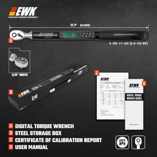 Image of EWK 3 /8 Inch Drive Digital Torque Wrench 5-100 ft-lbs (6.8-135 Nm) | IS0 6789, ±1.5% clockwise / ±2.5% counterclockwise, LCD Display, LED Buzzer Vibration Alert, 30 Memory Values