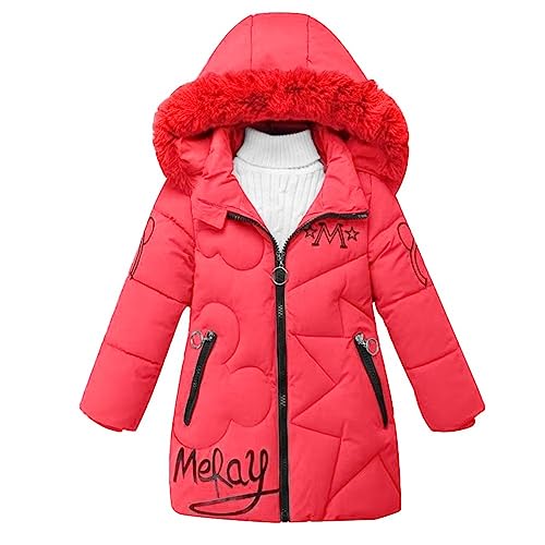 linboo Manteau Fille Doudoune Chaud Veste Hiver Blouson Enfant à Capuche Fourrure mi Long Parka Epaisse Vêtements de Ski, Rouge, 11-12 ans