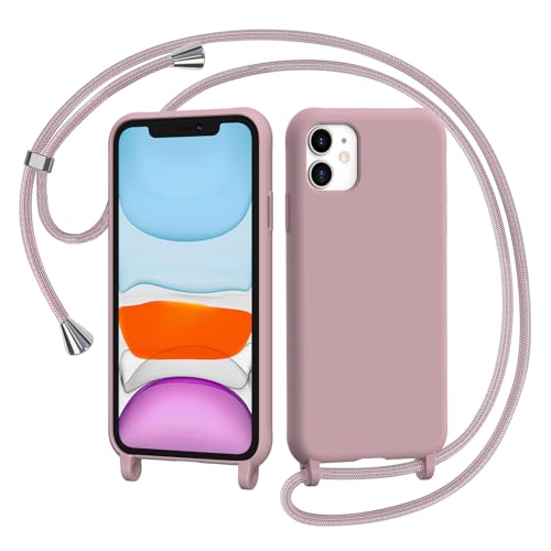 AOMYKE Handyhülle für iPhone 11 Hülle mit Band Handyband iPhone 11 Hülle zum Umhängen Schutzhülle mit Kette Kordel Weich TPU Liquid Silikon Case Pink