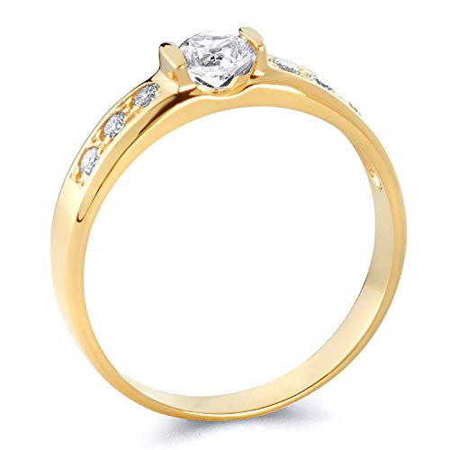 Wellingsale Ladies Solid 14k Yellow Gold Polished CZ Cubic Zirconia Round Cut Engagement Ring with Side Stones and Wedding Band Bridal Set4