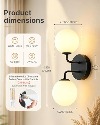 Image of Yunnix Black Bathroom Vanity Light, Modern Globe Vanity Light with Milk White Glass Shade, Mid Century Vanity Lighting Wall Sconce for Mirror, Bathroom Hallway Entryway (2 Pack, Bulbs Not Included)