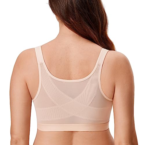 Delimira Women's Front Fastening Bras Posture Full Coverage No Underwire Unlined Back Support Bra Beige 42F
