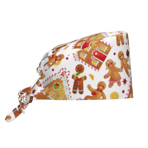 Christmas Cookies House Gingerbread Man Working Cap Scrub Cap with Sweatband Adjustable Unisex Women Tie Back Hat Nurse Surgical Caps