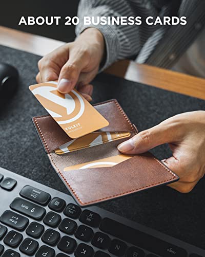 VULKIT Leather Business Card Holder 2 Sided Slim Business Name Card Organizer for Men or Women, Up to hold 20 cards (Vintage Brown)4