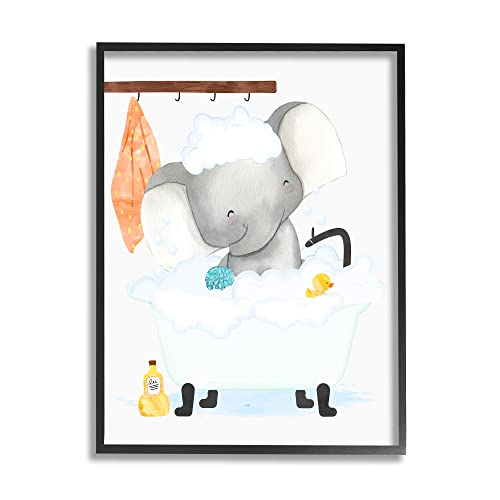 Stupell Industries Children's Baby Elephant Bubble Bath Rubber Duck Bathroom Black Framed Wall Art, White