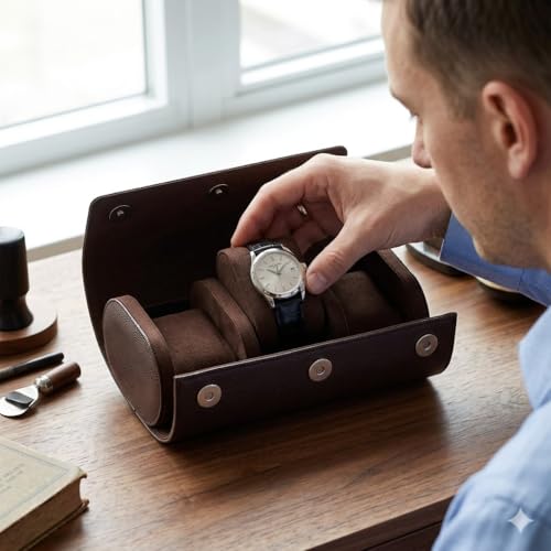 Image of essart Luxury Watch Storage Case - Premium Leather Organizer Box for Exclusive Timepieces, Elegant Display & Protection for Collectors (WR-1013-Snakebit-Brown)
