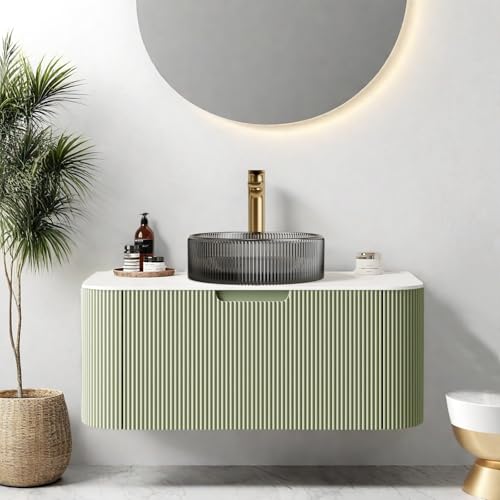 AmbroVania 36" Floating Bathroom Vanity with Sink, Wall Mounted Bathroom Cabinet with Ultra-Thin Round Transparent Glass Basin and Marble Top, Large Storage Drawer, No Assembly Required, Light Green