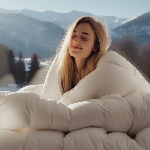 Bedsure Premium Down Comforter Queen Size, Luxurious High-Loft White Down Duvet Insert for All Seasons, Storage Bag & 8 Corner Tabs, Machine Washable, 46 Oz Fluffy Medium Warmth (90x90 Inches)
