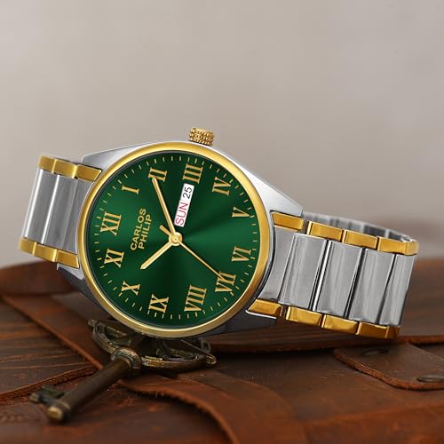 Image of Carlos Philip Men's Roman Numeral Analog Watch - Day and Date Display, Stainless Steel Strap, Quartz Movement, Business Style Watch for Men