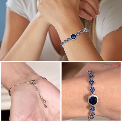 SHOP LC Blue Sapphire Bracelets for Women White Cubic Zirconia CZ Platinum Plated Blue Gemstone Bolo Adjustable Fashion Jewelry Stainless Steel Royal Gifts3