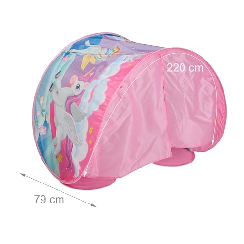 Relaxdays Bettzelt Kinder, BxT: 220x79 cm, Einhorn-Design, Betttunnel für Kinderbett, Pop-up-Funktion, Betthöhle, bunt