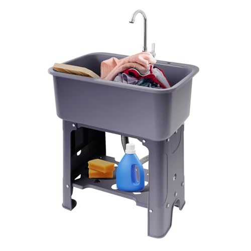 Lavandino autoportante in plastica con lavabo, lavello per interni ed esterni, kit di scarico per lavanderia, cantina, garage, giardino