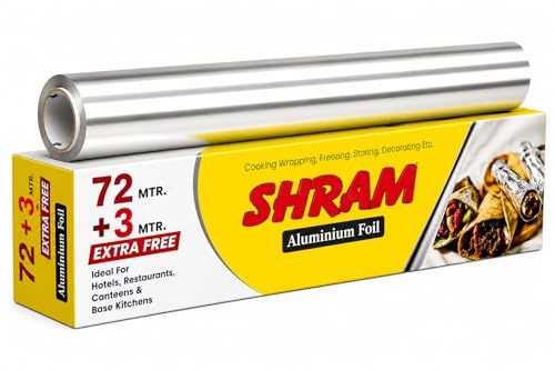 Image of Aluminium Foil 72 Meter + 3 Meter Free | 14 Micron Food Grade Kitchen Foil Roll | Safe Paper Zigzag Cutter | Multipurpose Foil for Home, Hotel & Restaurant Use | Baking, Grilling & Food Wrapping