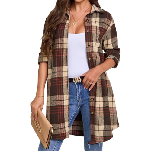 Flannel Shirt Women Plaid Shirts for Women, Long Sleeve Collared Loose Fit Button-Down, Classic Women Flannel Shirt