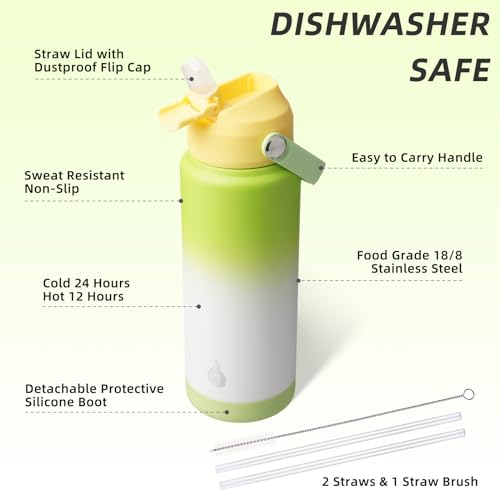 Image of BJPKPK Water Bottle with Straw Lid, 24oz Vacuum Insulated Water Bottles, Metal Stainless Steel Thermo for Sports, Travel, BPA Free Leak Proof Thermo, Cups, Flasks, Tumblers,Green