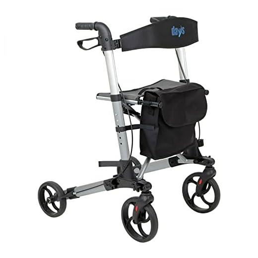DAYS Lightweight Deluxe Rollator, Folding Four Wheel Mobility Walker, Back Support, Mobility Aid Seat, Carry Bag, Adjustable Seat Height, Silver