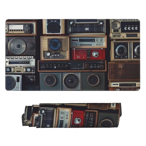 Large Gaming Mouse Pad with Non-Slip Rubber Base, Vintage Wall of Radio Boombox Mouse Mat with Stitched Edge, 29.5x16 Extended Desk Mat for Laptop Desk Pad, Keyboard Pad for Office Desk Protector