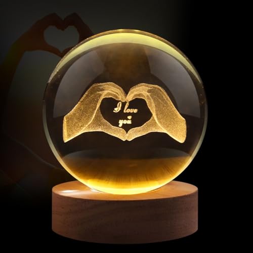 Flexzion 3D Love Crystal Ball Night Light - LED Light Hologram Glass Lamp w/Solid Wood Base, USB Powered Crystal Ball Lamp w/Adjustable Brightness for Home Decor Display Gift, 3.15 inch (80mm)