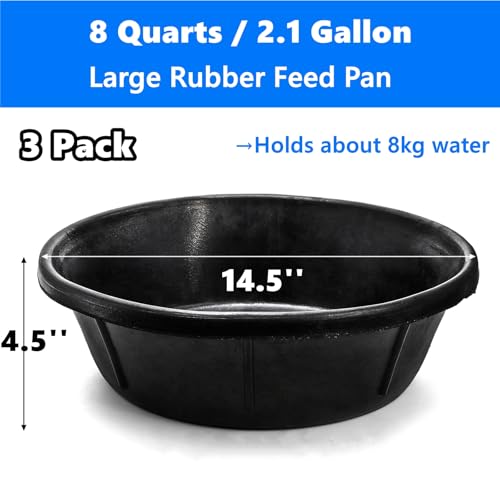 Cididu 3 Pack Rubber Feed Pan, 8 Quart Large Horse Feed Bucket, Heavy Duty Rubber Water Bowl for Livestock, Stackable Chicken Dust Bath Tub for Pig Goat Dog Cat Farm Animal Feeding, 14.5'' x 4.5''