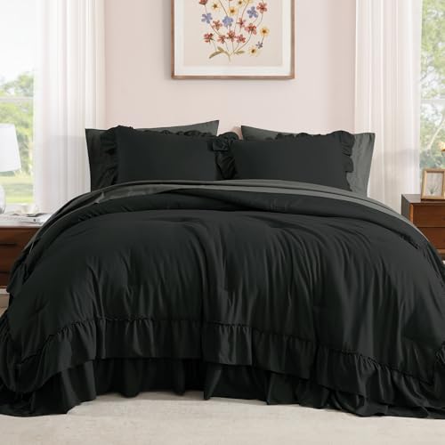 Image of King Size Comforter Set Black Ruffle 7 Pieces Farmhouse Bed in a Bag | Shabby Chic Fluffy All Season Bedding Sets with Sheets, Pillowcases & Shams