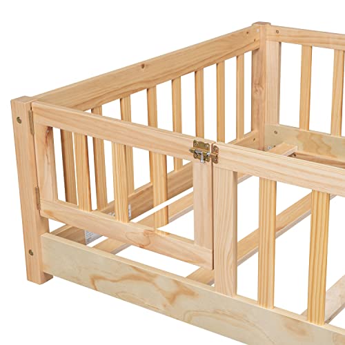 Brafab Montessori Floor Bed with Safety Guardrails and Convertible Door, Twin Size Solid Pine Wood Floor Bed Frame with Slats, Full Length Fence for Girls, Boys, Child Bedroom, Kids Playroom (Natural)