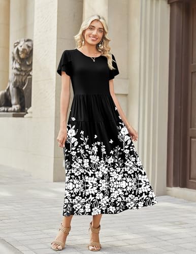 Image of Zeagoo Summer Dresses for Women 2026 Maxi Bohemian Floral Short Sleeve Long Dress Casual Flowy Tired Beach Sundress