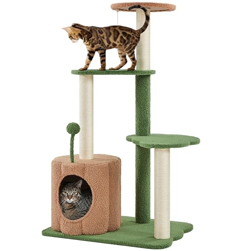 Topeakmart Cat Tree, 42in Pumpkin Cat Tower with Spring Teasing Ball and Leaf Shape Design, Cute Cat Tree with Natural Sisal Scratching Posts, Platform, Condo for Indoor Cats, Green & Brown