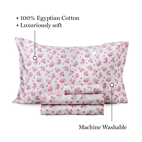 Martha Stewart Posy Queen Sheet Set - 4 Piece Set | 100% Egyptian Cotton | 1 Flat, 1 Fitted, 2 Pillowcases | Smooth, Soft, Durable & Breathable Bedsheets | Easy Care |Floral | Pink #TOP1