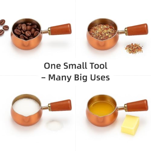 Image of Mini Turkish Coffee Pot with Wooden Handle | Premium Stainless Steel Cezve Coffee Maker | Copper Finish Milk Heating Pot for Turkish Coffee, Butter Melting, Sauce, Tea & Tadka | 50 ML