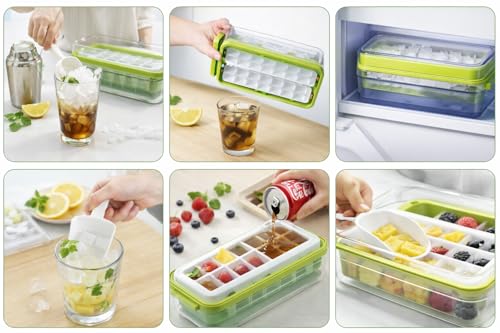 Image of Silicone Ice Cube Tray with Lid, Storage Box & Scoop | Easy Release Ice Maker Mold | Stackable, Spill-Proof Ice Tray for Freezer, Drinks & Cocktails (Cream)