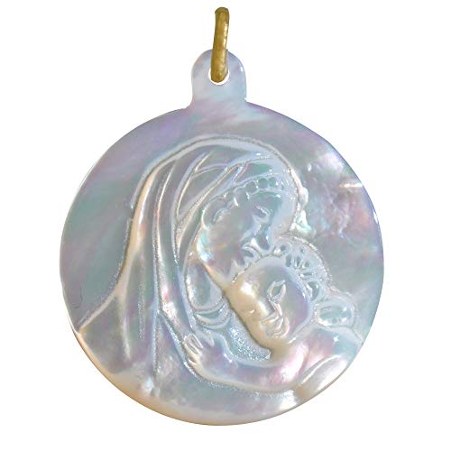 LES POULETTES BIJOUX - Pendentif Nacre Ronde Vierge à l'Enfant