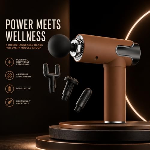 Image of Massager, 4 Heads, 6 Speed, Handheld, Percussion Muscle Massager for Full Body Relief Muscle Relaxation of Neck, Shoulder, Back, Foot for Men & Women - Corded (Brown)