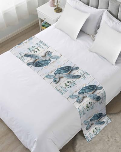 Ocean Sea Turtle Blue Bed Runner for Full/Queen Size, Summer Coastal Seaweed Wooden Grain Bedspread Protector Slipcover Bed Scarf for Foot Runners & Scarves for Bedroom Hotel 83x20 Inches